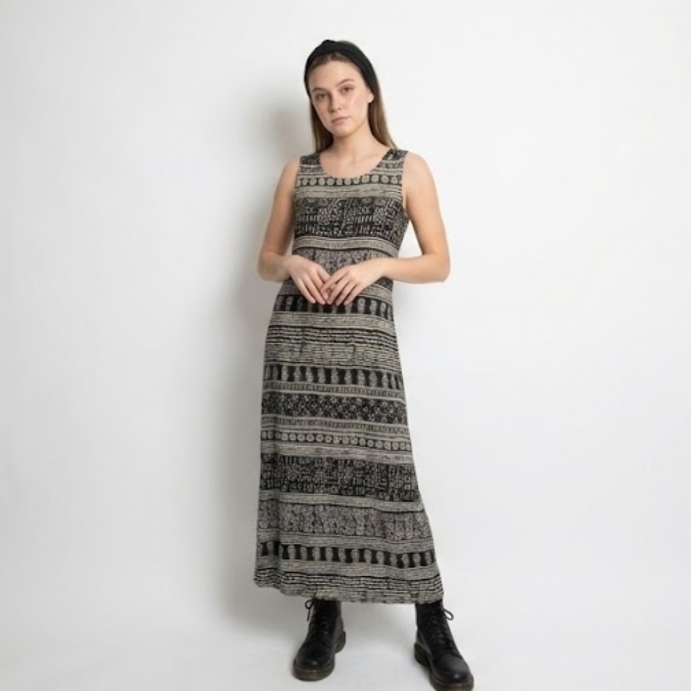 Vintage 90s Black Aztec Print Summer Midi Dress 1990s Sheath Sundress Beach Boho - Picture 2 of 13